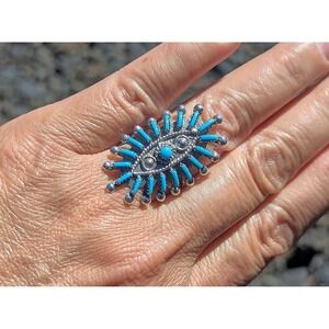 Zuni Ring Turquoise Cluster OG Native American Handmade‎ Jewelry sz 8 ***